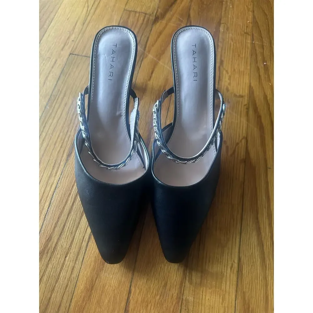 Tahari Black Kitten Heel Mules with Silver Chain Detail – Size 10